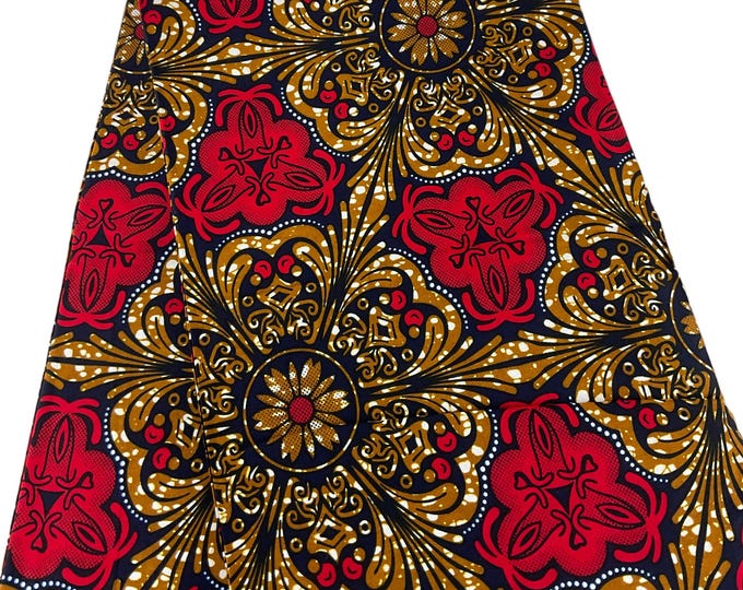 Red and Gold Ankara Fabric: African Print Cotton, 6 Yards with Headwrap