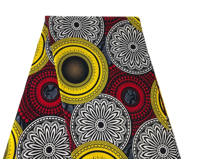 African Ankara Fabric, Black Yellow Red Wax Print, By The Yard Cotton Print/Fabric For Quilts/MK760H