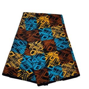 May include: A folded piece of fabric featuring a geometric pattern of black, brown, and bright blue squares and rectangles. The design includes textured, cross-hatched lines in yellow and brown. The fabric has labels reading First Choice.