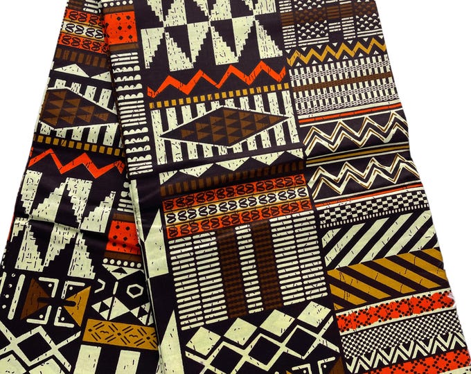 African Fabric/African Print Fabric/ Ankara-,Brown Cream Black Design/Crafts Fabric/MK458/Decor/Tribal/Native Fabric/Tribal Fabric