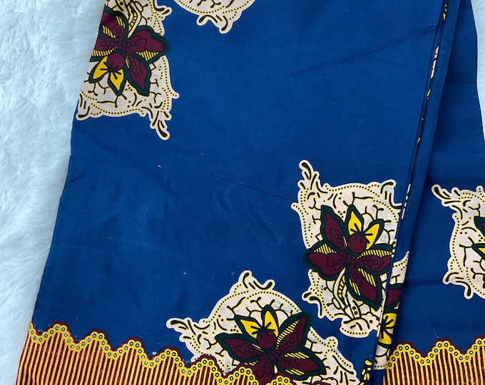 Blue Floral African Print Fabric, 6 Yards with Headwrap