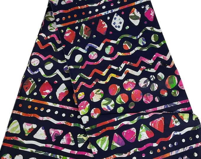 African Ankara Fabric, Navyblue Pink Green Wax Print, 6 Yards