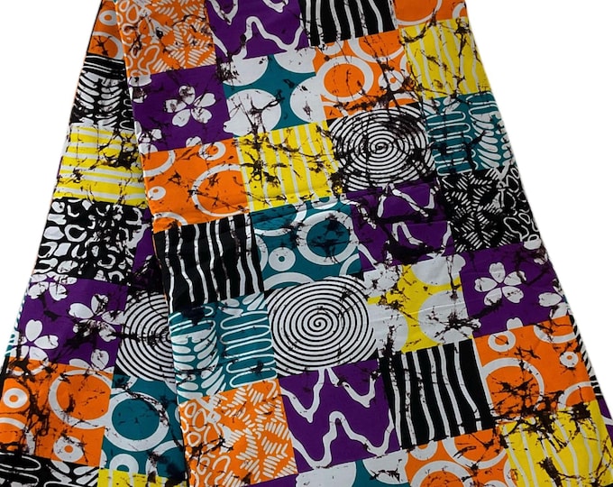 African Ankara Fabric, Green Blue Yellow Patchwork Wax Print, 6 Yards Cotton Fabric