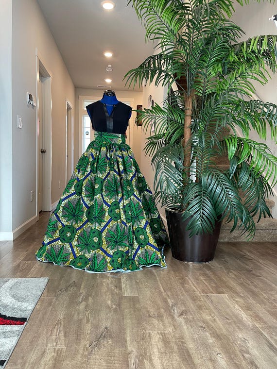 African wrap skirt greenアフリカンバティックスカート African Skirt/ankara Skirt/green,white African Skirt/african