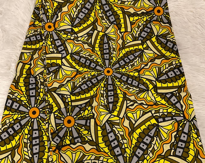 African Print Fabric, 6 Yards with Headwrap: Yellow Floral Cotton