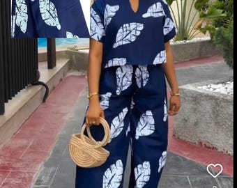 Marineblauwe en witte Ankara-stof: katoen met Afrikaanse print, 6 yards met hoofddoek