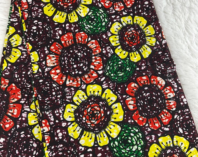 Floral Ankara Fabric: Brown & Yellow African Print Cotton with Headwrap