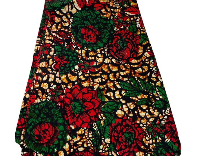 Brown Red Green African Cotton Fabric, Hollandais Print by Yard, 45 Inches Wide