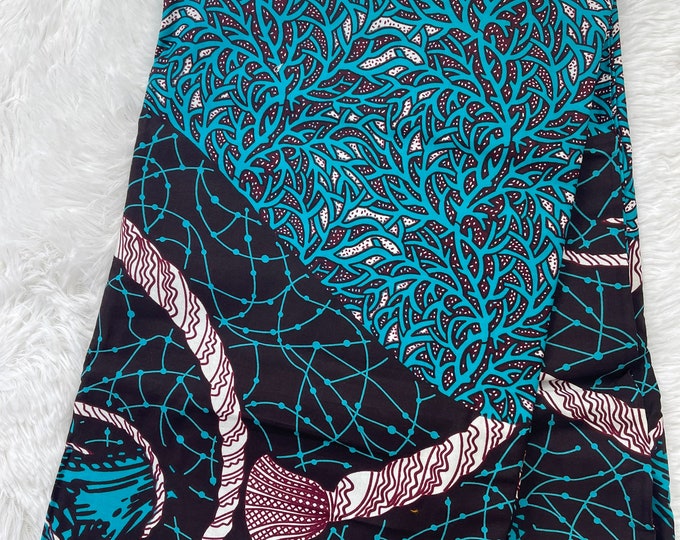 African Fabric/Ankara- Blue and Brown Floral Design/Mudcloth Fabric/Block Printed Fabric/Cotton Fabric/Quilt Fabric/African Art/Africa/MK137