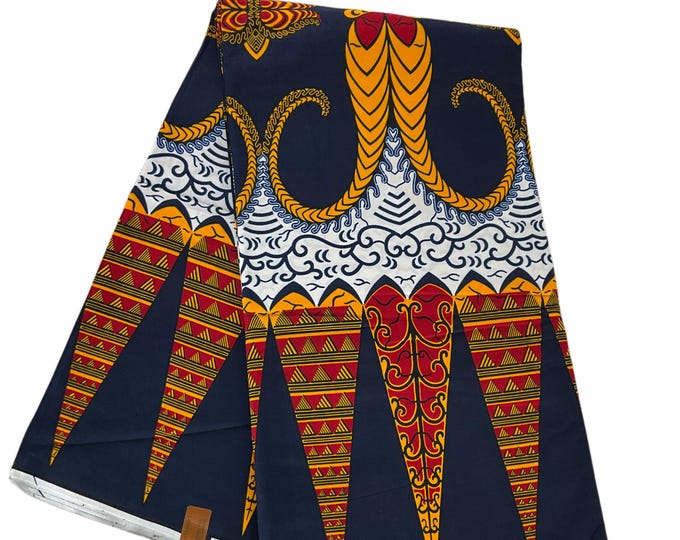 African Ankara Fabric, Black White Orange Wax Print, 6 Yards