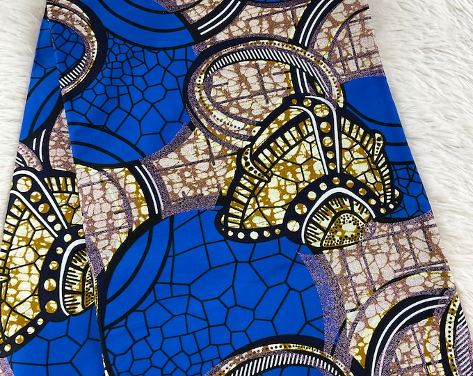 Blue African fabric/African prints/ Ankara fabric/ African Wax/ Burning bush African fabric/ African headwrap/Blue and Gold Fabric /MK514