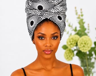 White Black African Print Head Wrap, Ankara Headwrap for Women, African Head Scarf, Wax Print Turban, Natural Hair Wrap, Gift for Her,
