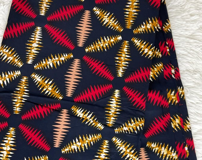 Black, Red & Gold Ankara Fabric: 6 Yards African Print Cotton with Headwrap