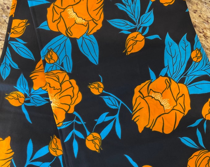 Floral African Print Fabric, Black, Blue and Orange, 6 Yards with Headwrap