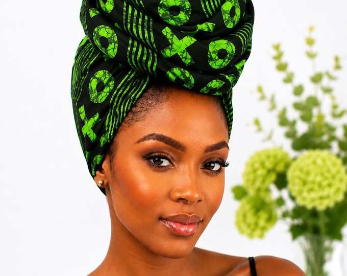 Neon Green Black African Print Head Wrap, Ankara Headwrap for Women, African Head Scarf, Wax Print Turban, Natural Hair Wrap, Gift for Her