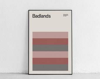 Cartel de viaje del Parque Nacional Badlands de mediados de siglo, cartel de viaje abstracto, cartel del parque nacional, impresión de arte minimalista, cartel de Dakota del Sur