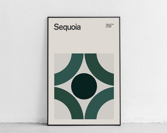 Cartel de viaje del Parque Nacional Sequoia de mediados del siglo, cartel de viaje abstracto, impresión del parque nacional, impresión de arte minimalista, California, Kings Canyon