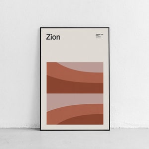 Cartel de viaje de mediados de siglo del Parque Nacional de Zion, cartel de viaje abstracto, cartel del parque nacional, impresión de arte minimalista, póster de Utah