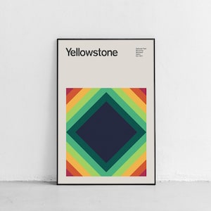 Cartel de viaje del Parque Nacional de Yellowstone de mediados de siglo, cartel de viaje abstracto, cartel del parque nacional, impresión de arte minimalista, Grand Prismatic
