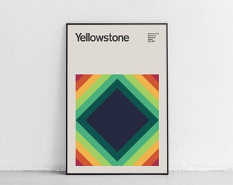 Cartel de viaje del Parque Nacional de Yellowstone de mediados de siglo, cartel de viaje abstracto, cartel del parque nacional, impresión de arte minimalista, Grand Prismatic