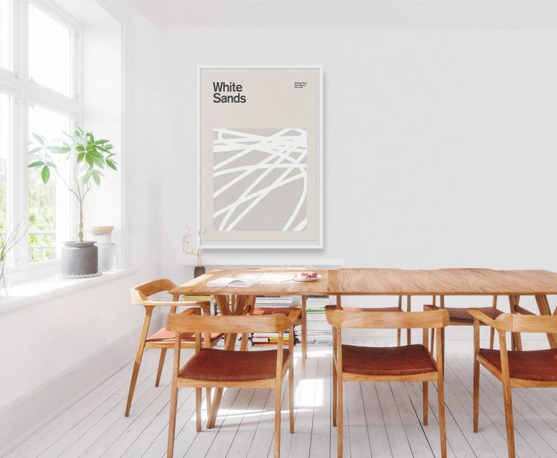 May include: A minimalist poster with the text "White Sands" in black lettering on a light gray background. The poster features a white abstract design of lines and curves.