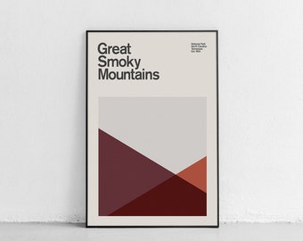 Cartel de viaje de las Montañas Smoky de mediados de siglo, cartel de viaje abstracto, cartel del parque nacional, impresión de arte minimalista