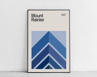 Cartel de viaje del Parque Nacional Monte Rainier de mediados de siglo, cartel de viaje abstracto, cartel del parque nacional, impresión de arte minimalista, cartel de Washington