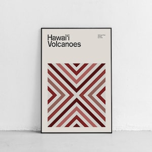 Cartel de viaje del Parque Nacional de los Volcanes de Hawái de mediados de siglo, viajes abstractos, impresión del parque nacional, impresión de arte minimalista, Kilauea, Mauna Loa