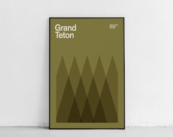 Cartel de viaje del Parque Nacional Grand Teton de mediados de siglo, cartel de viaje abstracto, cartel del parque nacional, impresión de arte minimalista, cartel de Wyoming