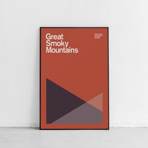 Cartel de viaje de las Montañas Smoky de mediados de siglo, cartel de viaje abstracto, cartel del parque nacional, impresión de arte minimalista