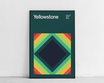 Cartel de viaje del Parque Nacional de Yellowstone de mediados de siglo, cartel de viaje abstracto, cartel del parque nacional, impresión de arte minimalista, Grand Prismatic