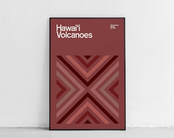 Cartel de viaje del Parque Nacional de los Volcanes de Hawái de mediados de siglo, viajes abstractos, impresión del parque nacional, impresión de arte minimalista, Kilauea, Mauna Loa