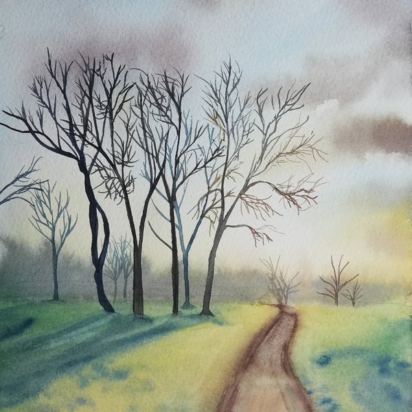 Aquarelle originale - Lever de soleil hivernal