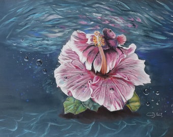 Pastel original - Poisson combattant et hibiscus