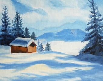 Peinture à l'huile originale - Neige et chalet