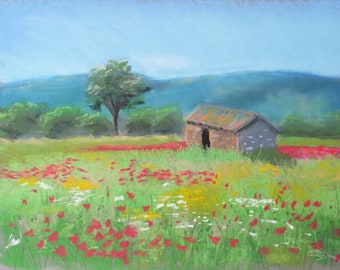 Pastel original - Cabanon dans les coquelicots