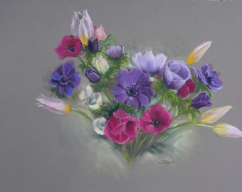 Pastel sec original - Bouquet d'anémones et tulipes