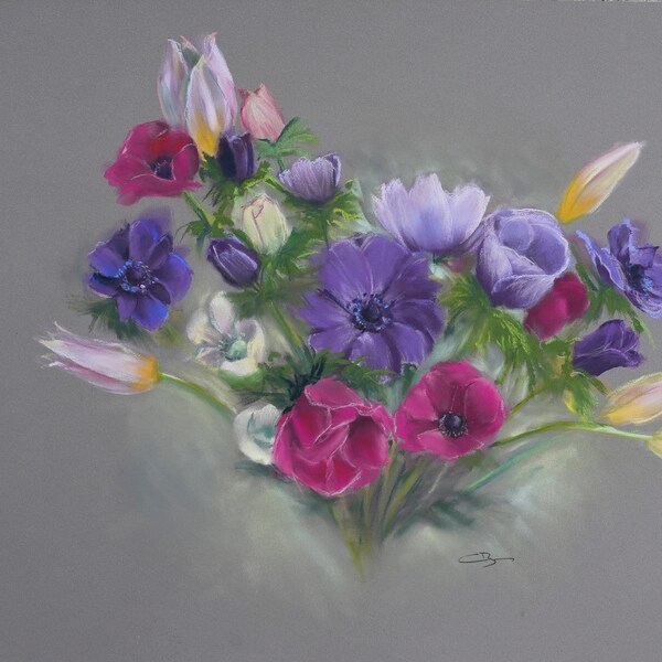 Pastel sec original - Bouquet d'anémones et tulipes