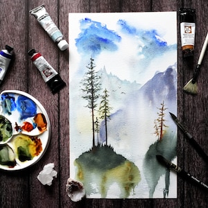 Aquarelle originale sapins et montagnes image 1