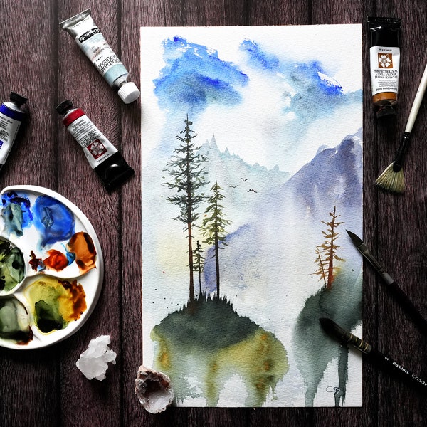 Aquarelle originale sapins et montagnes