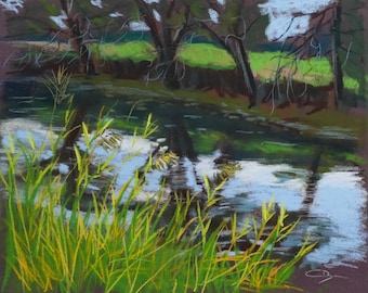 Pastel original - Rivière et herbes hautes