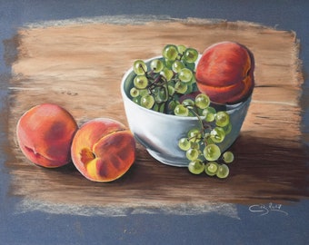 Pastel original - Nature morte pêches et raisins