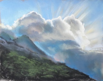 Pastel original : Soleil derrière les nuages