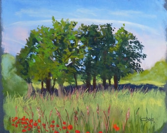 Original pastel - Trees and poppies