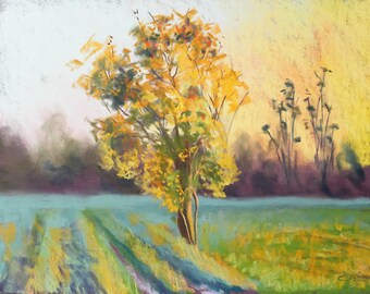 Original pastel - Sunrise in the countryside