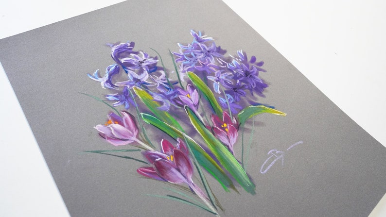 Pastel sec original : Jacinthes et crocus image 4