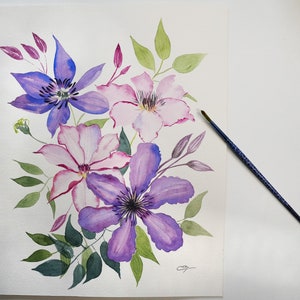 Aquarelle originale Bouquet de clématites image 3