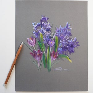 Pastel sec original : Jacinthes et crocus image 2