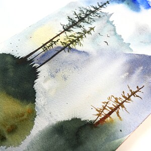 Aquarelle originale sapins et montagnes image 4