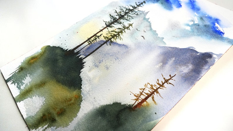 Aquarelle originale sapins et montagnes image 4